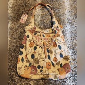 Vintage Fossil leather and canvas hobo bag